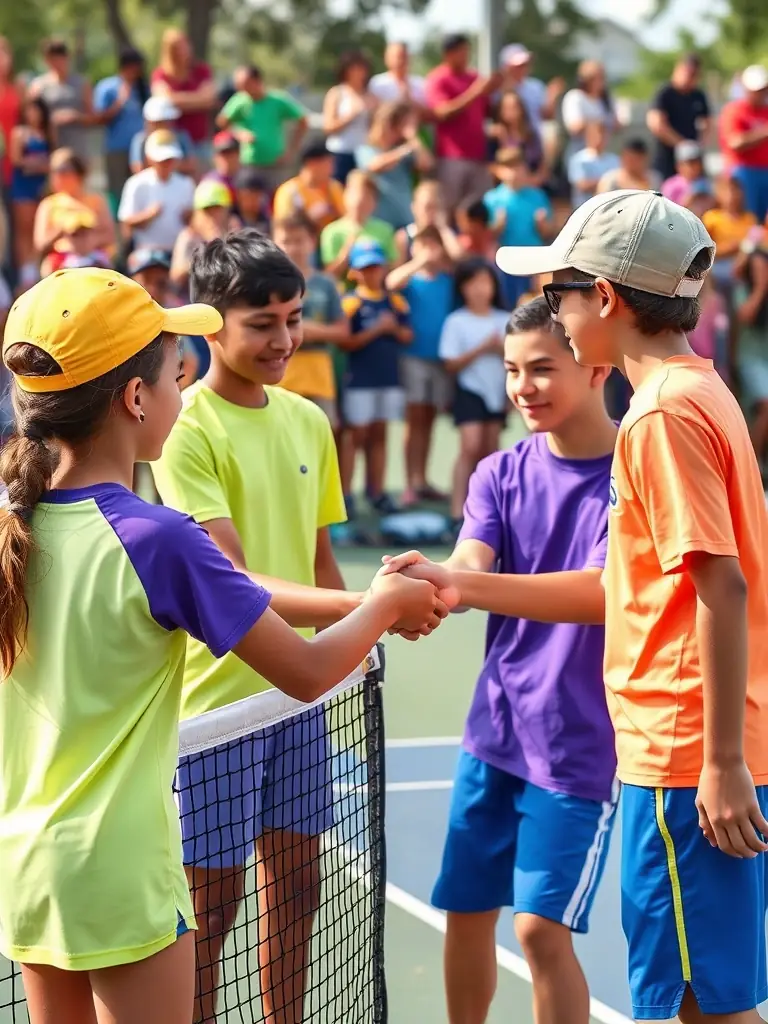 A photo of campers participating in a friendly tennis match during a summer camp tournament, showcasing teamwork and sportsmanship.