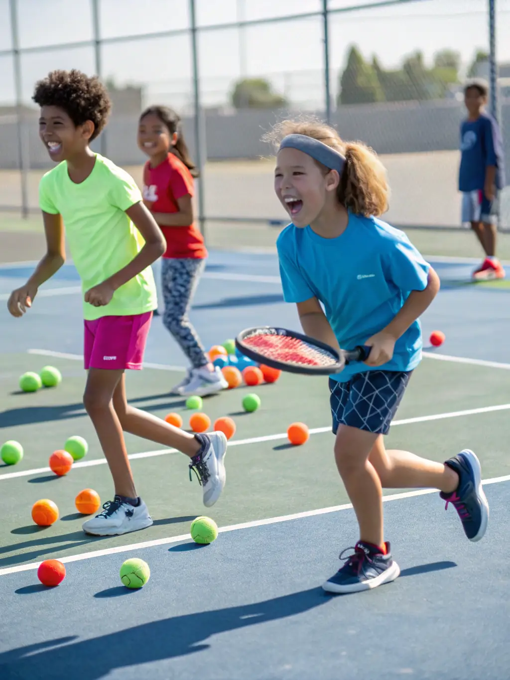 A vibrant image of young tennis campers laughing and practicing forehands on a sunny court during a summer camp session.