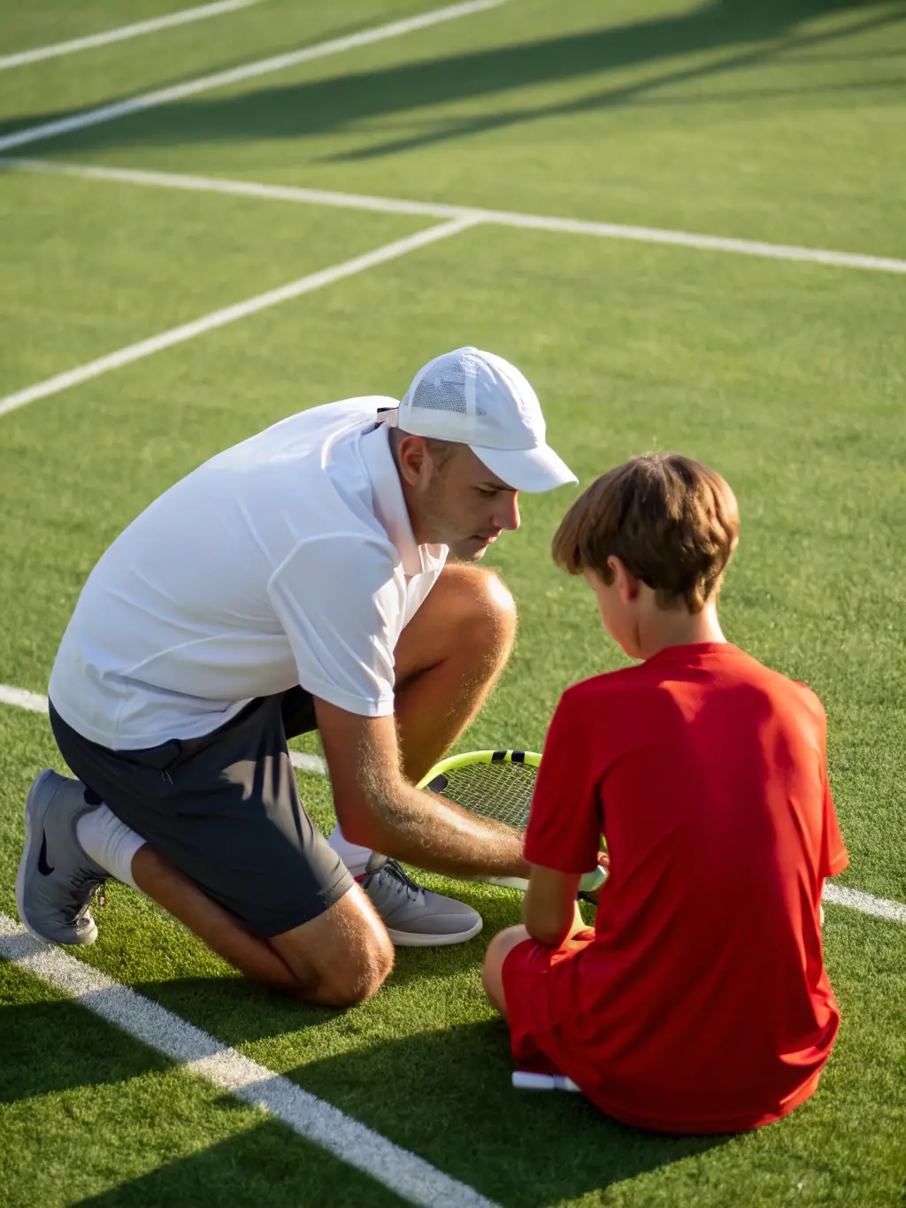 A coach providing personalized instruction to a camper during a year-round session, highlighting the individualized attention provided.