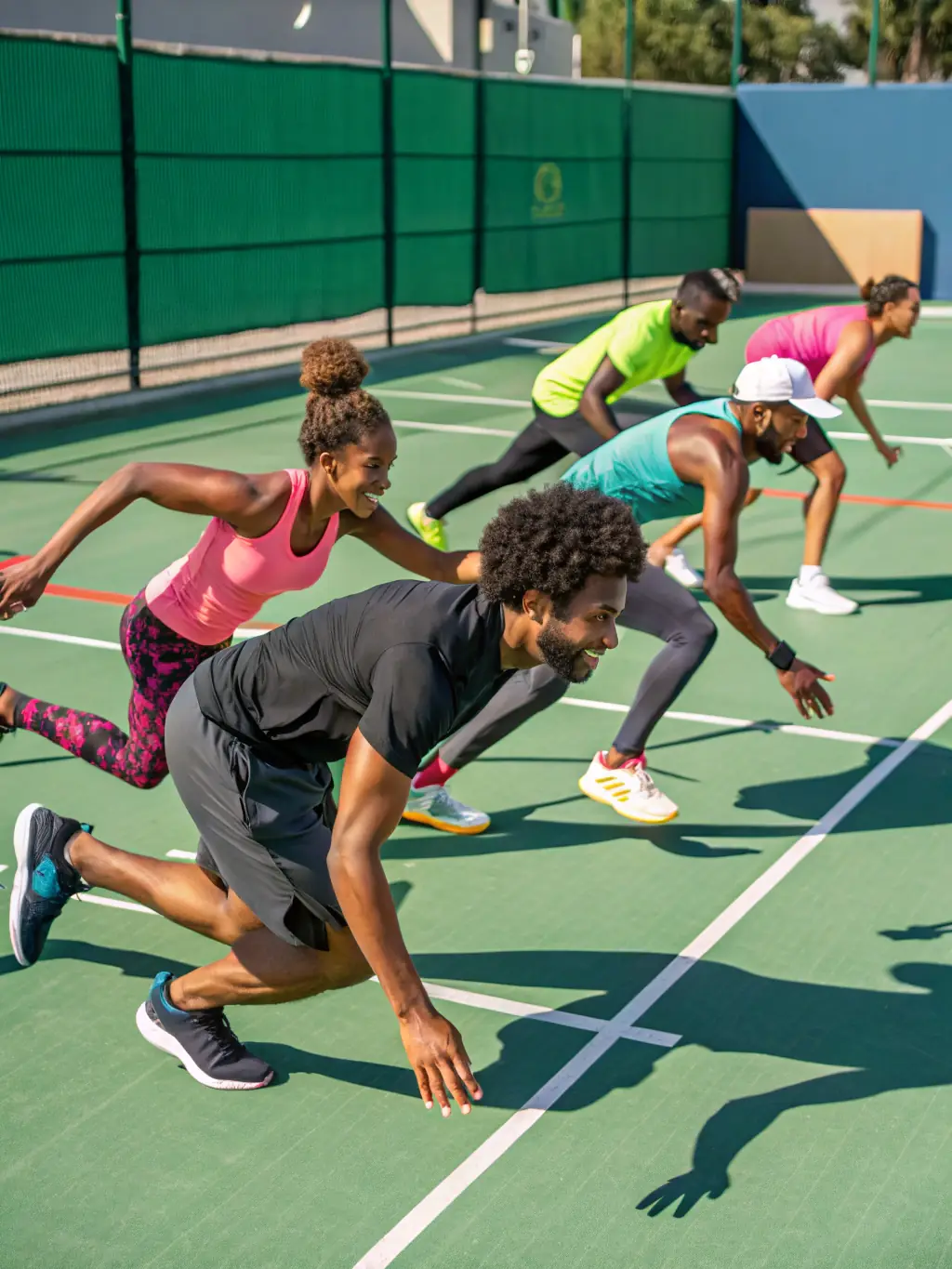 A group of campers participating in a fitness session during a year-round tennis program, emphasizing teamwork and physical conditioning.