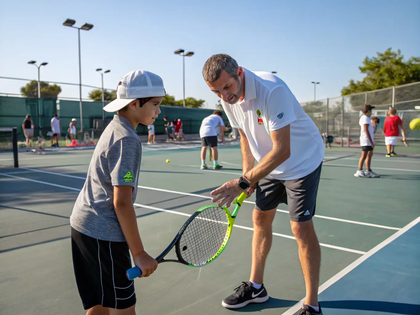 A photo of a tennis coach demonstrating a forehand technique to a young player. The image highlights the personalized instruction and skill development offered at the camp.