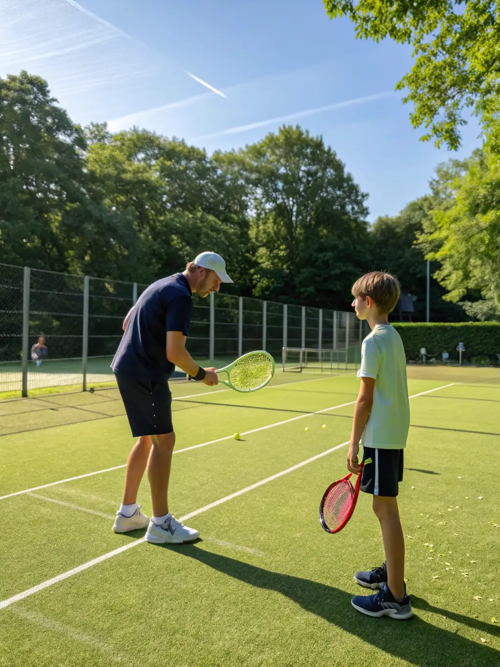 An image of a coach providing personalized instruction to a young camper during a summer tennis camp session, emphasizing individual attention.