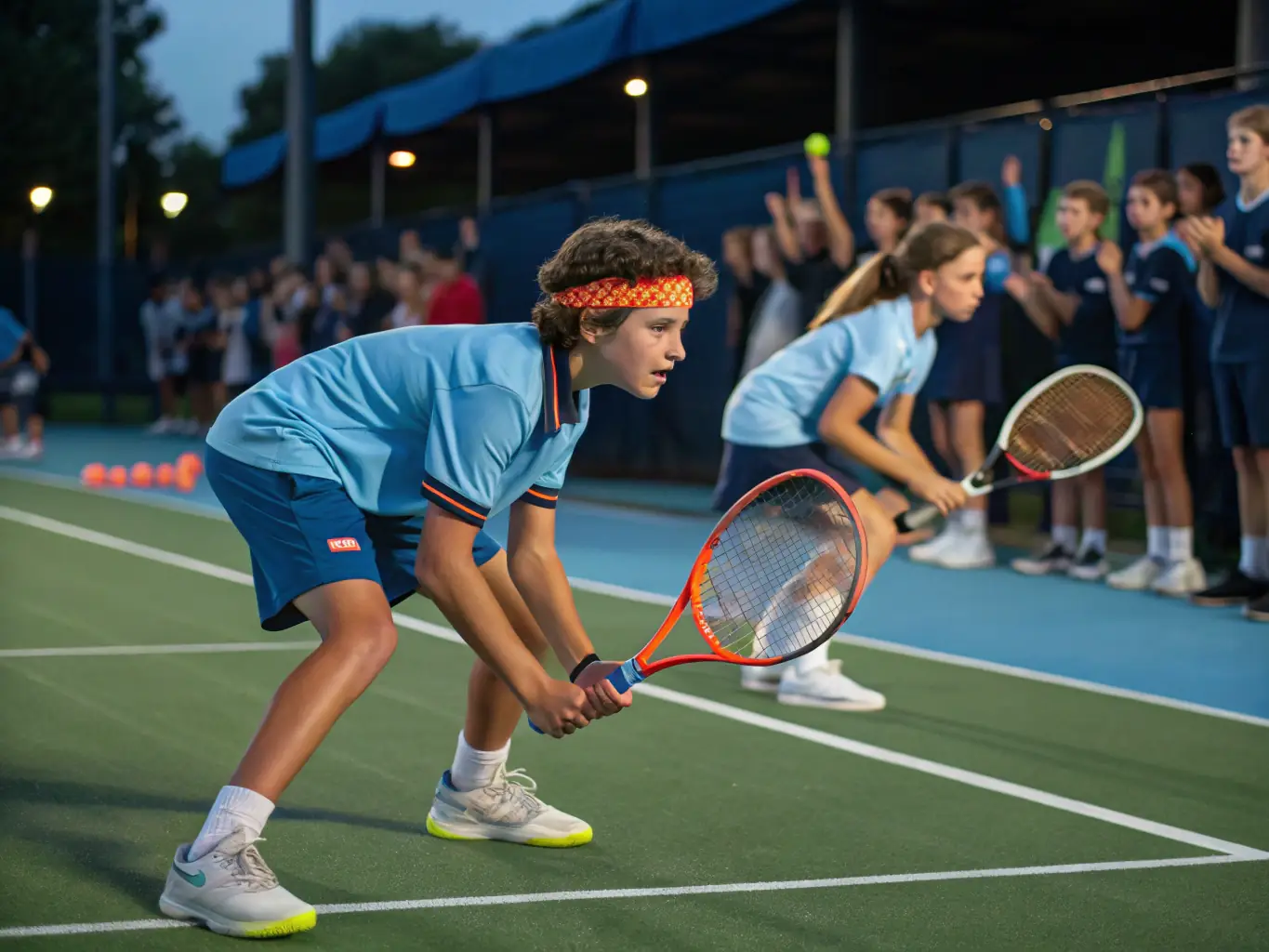 A group of teenage tennis players engaged in a competitive match during a summer camp session. The image showcases the advanced training and competitive opportunities available at the camp.