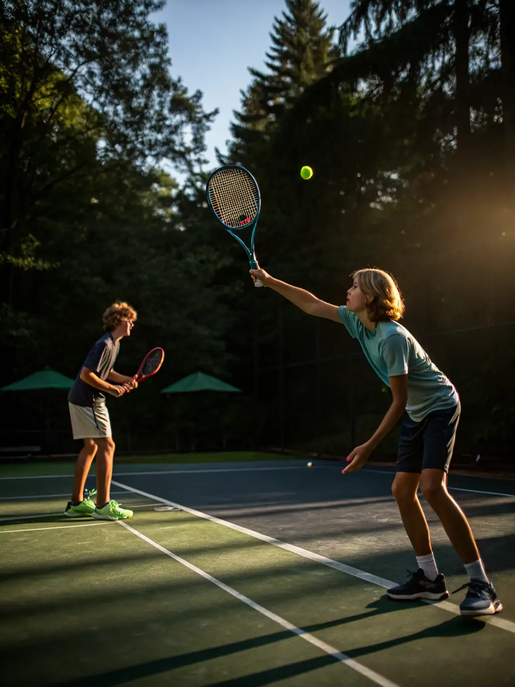 Campers participating in a friendly match during a year-round tennis program, showcasing the competitive and social aspects of the camp.